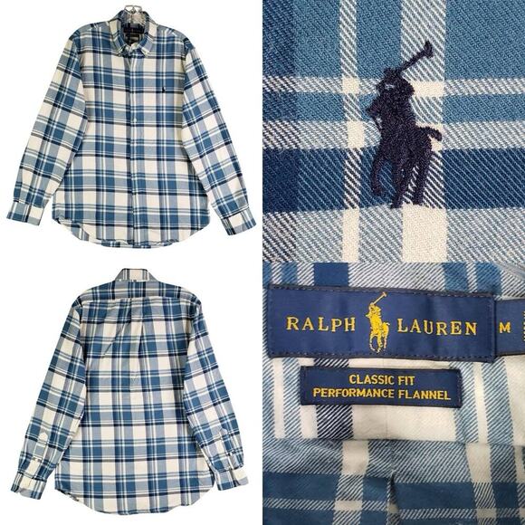 Polo Ralph Lauren Shirt Mens Medium M Oxford Plaid Button Down LS Blue Flannel - Picture 1 of 11